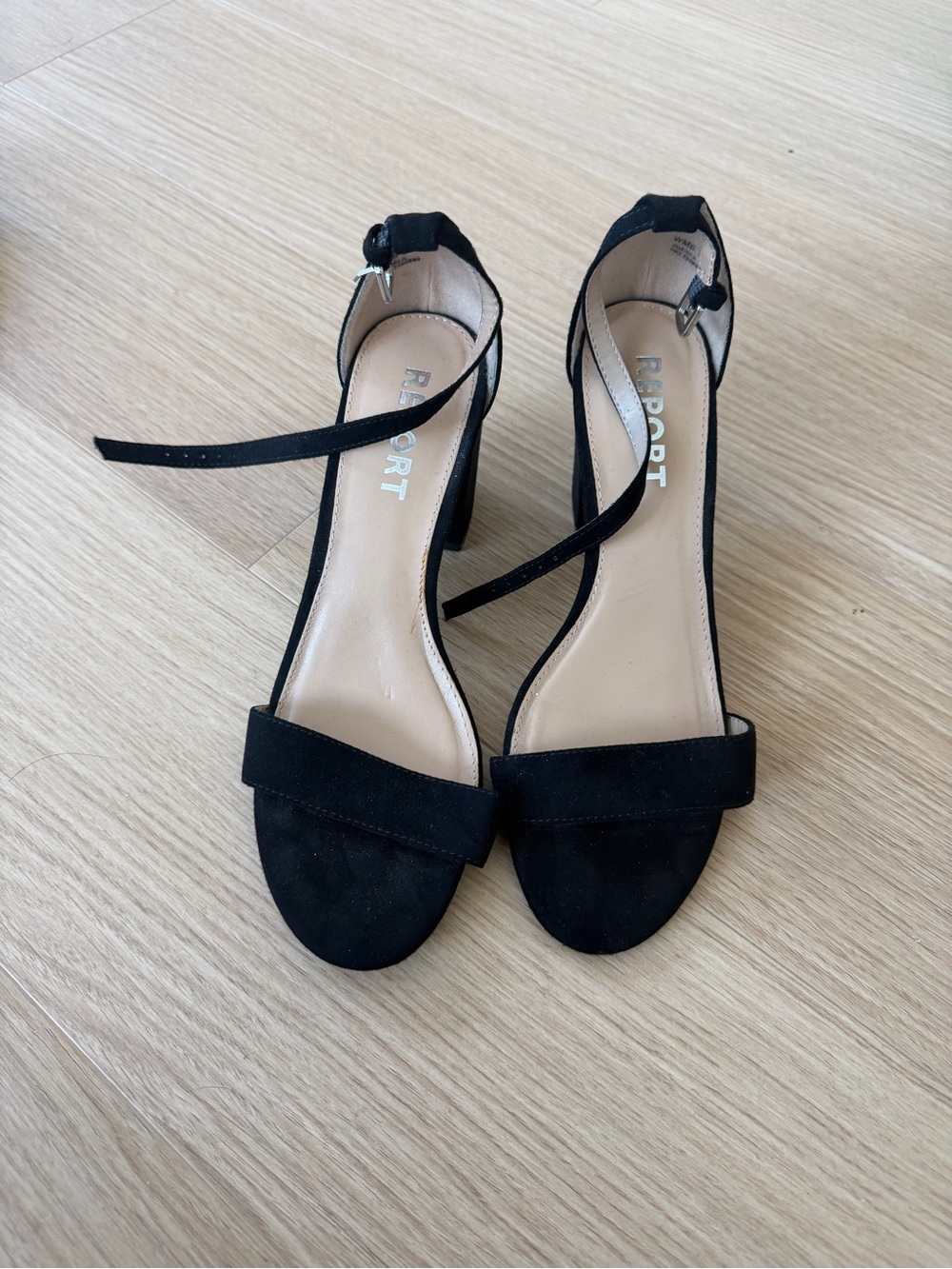 Report Black Suede Ankle-Strap Block Heels